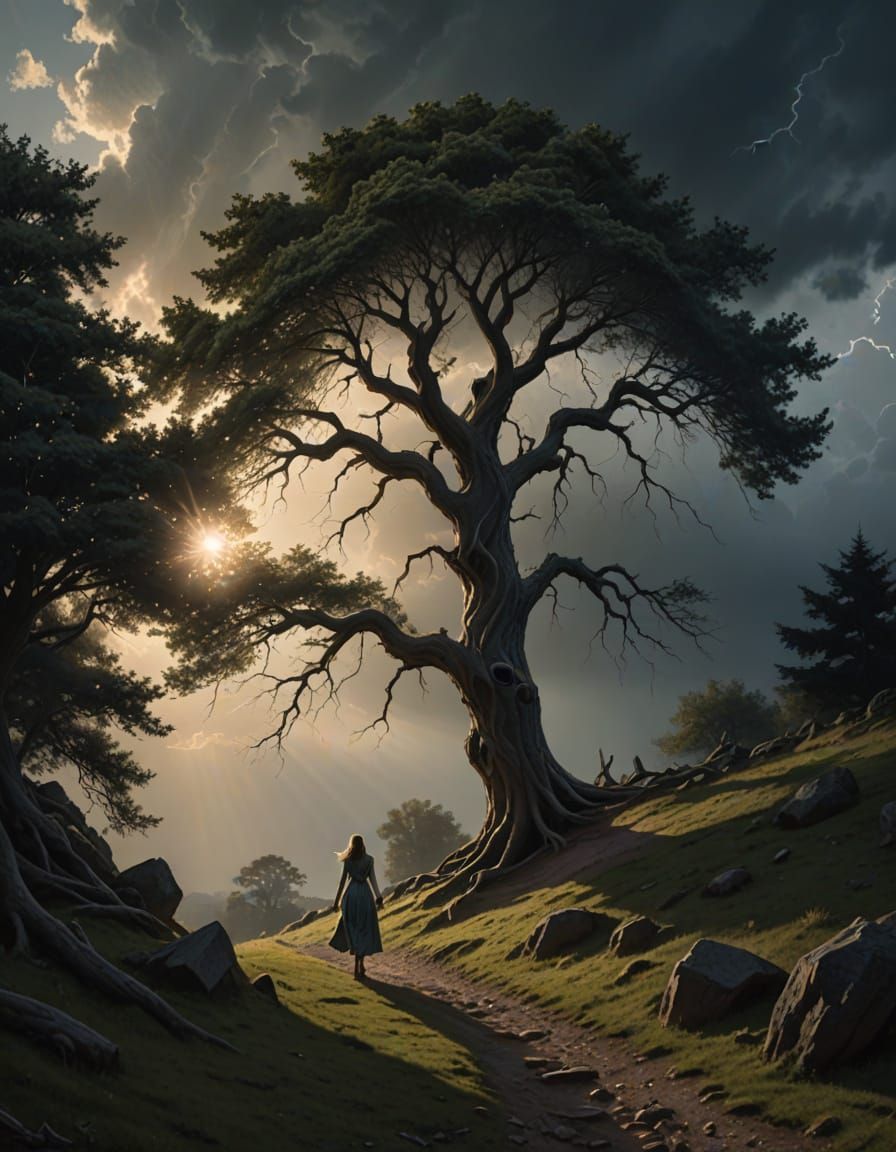 woman walking uphill towards a spooky tree used for hangings...