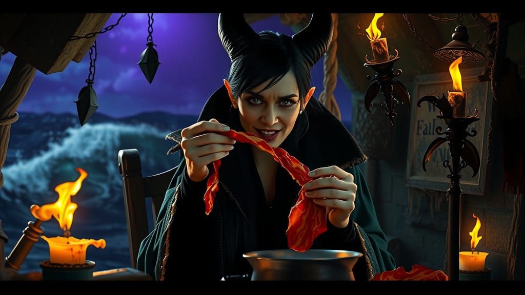 Elphaba in Dark Fantasy Setting Devours Bacon Amidst Tsunami