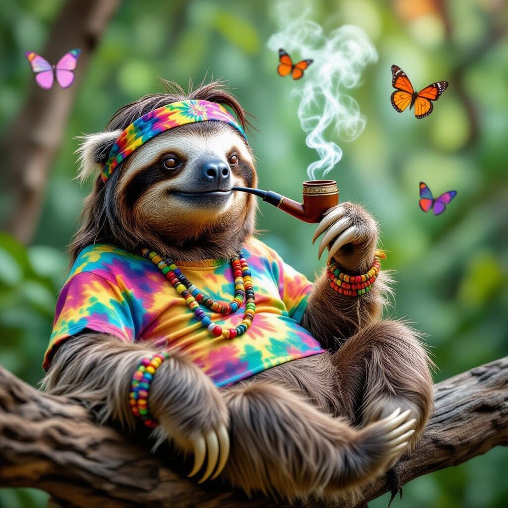 Hippy Sloth Relaxing with Psychedelic Butterflies