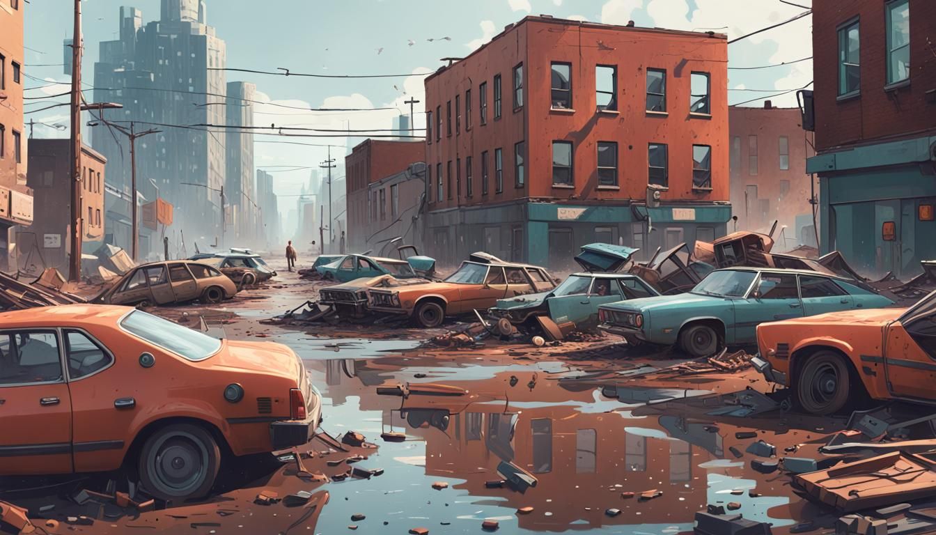 Robots in Dystopian Cityscape, Simon Stålenhag Style