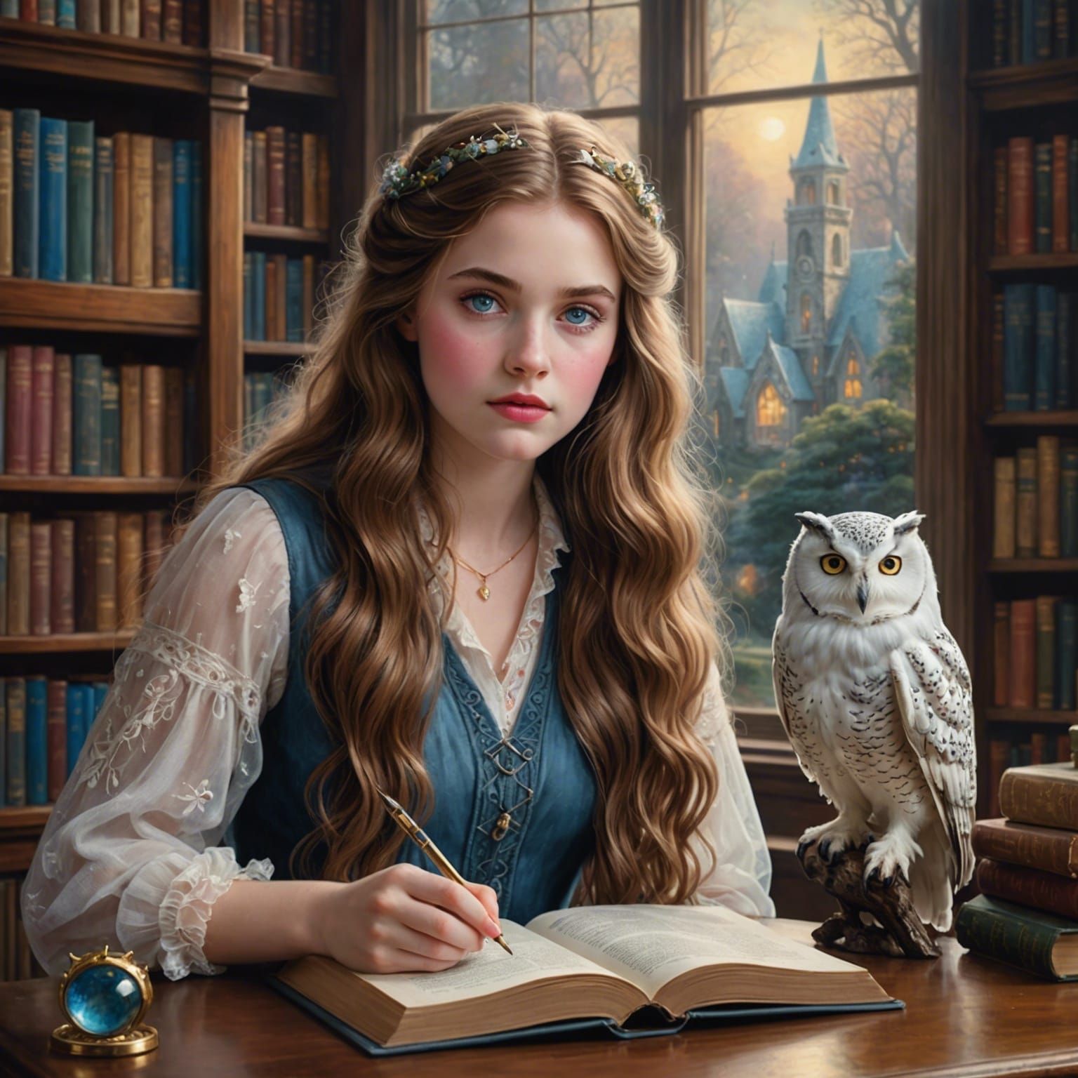Ethereal Auburn Beauty in Fantasy Library