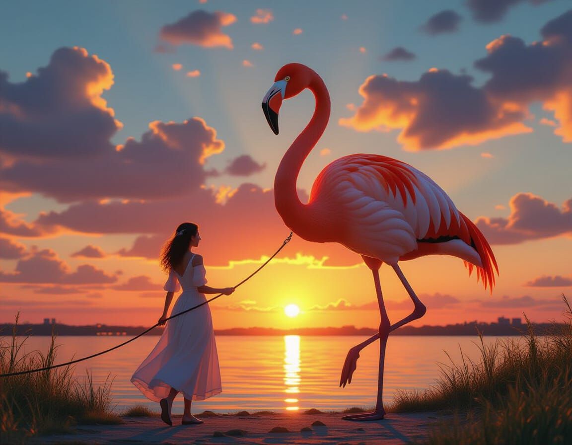 Woman Walks Giant Flamingo at Sunset in Renaissance Style