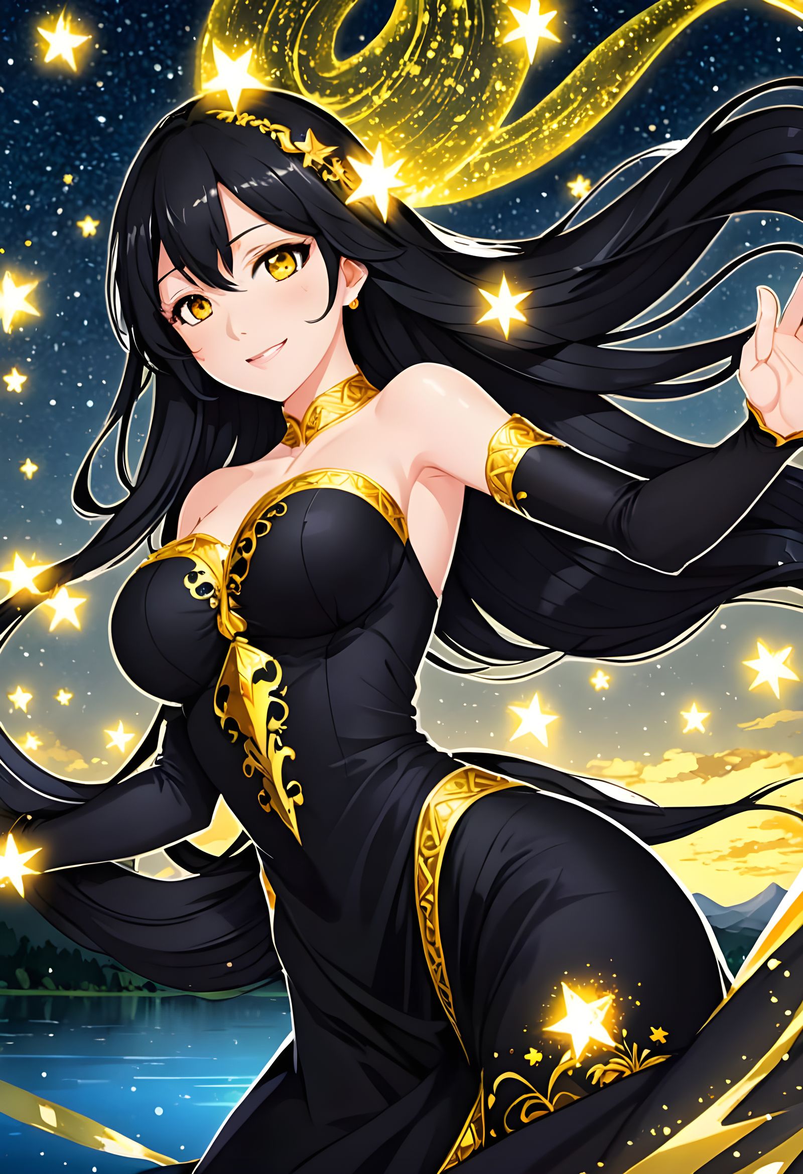 Anime Woman with Black Hair Reflecting in Lake