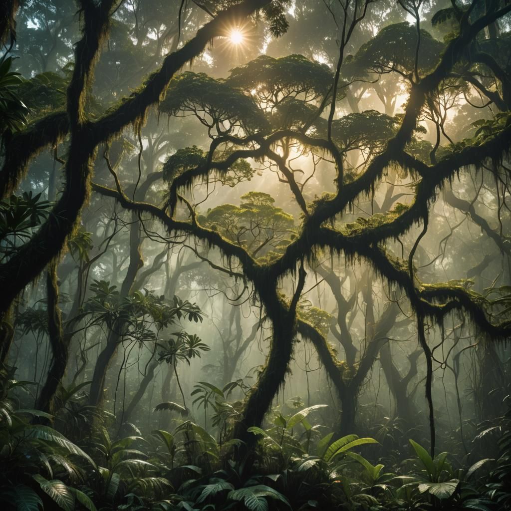 Bioluminescent Rainforest Canopy in Golden Light
