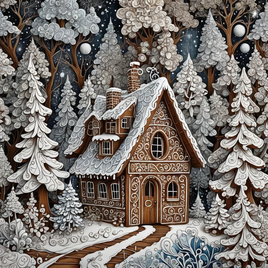 Winter Fractal Zentangle Gingerbread Cabin