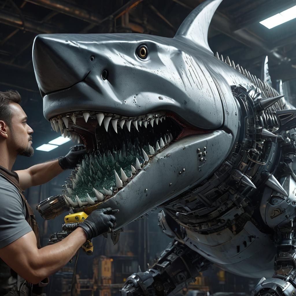 view of a man holding a sponge cleaning the steel teeth of a...