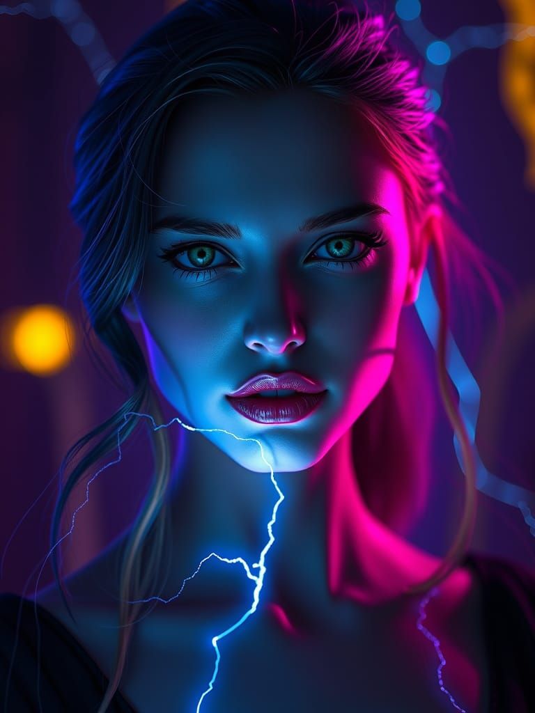 BEAUTIFUL WOMAN, PALE FACE, GREEN EYES, BIG LIPS, AGAINST A DARK BACKGROUND, WITH BLUE ELECTRIC STREAM, LIPS SLIGHTLY OP...