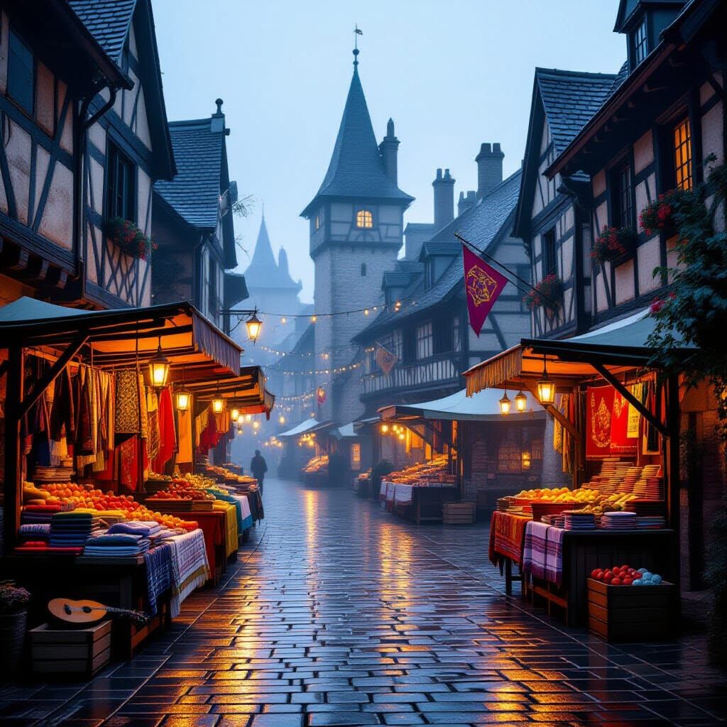 Deserted Medieval Fair Square at Golden Hour