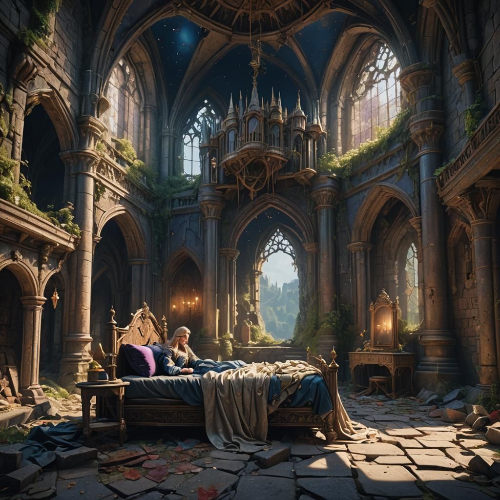 Sleeping Beauty in Abandoned Castle: Fantasy Concept Art