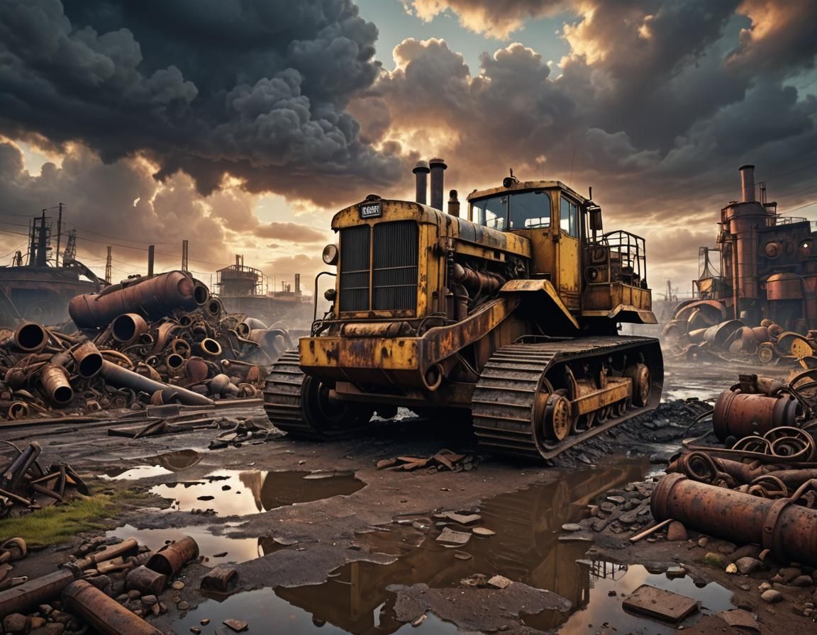 Grimdark Dieselpunk Bulldozer at Sunset