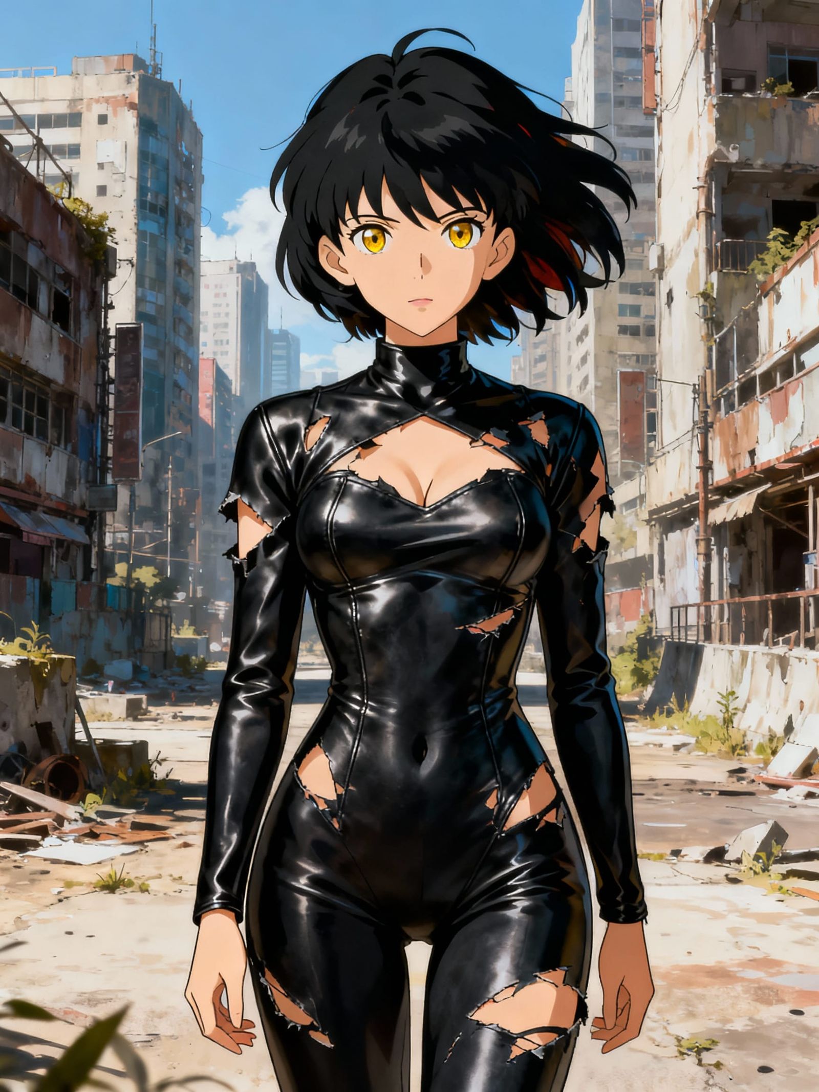 Anime Woman with Vibrant Black Hair in Dystopian City