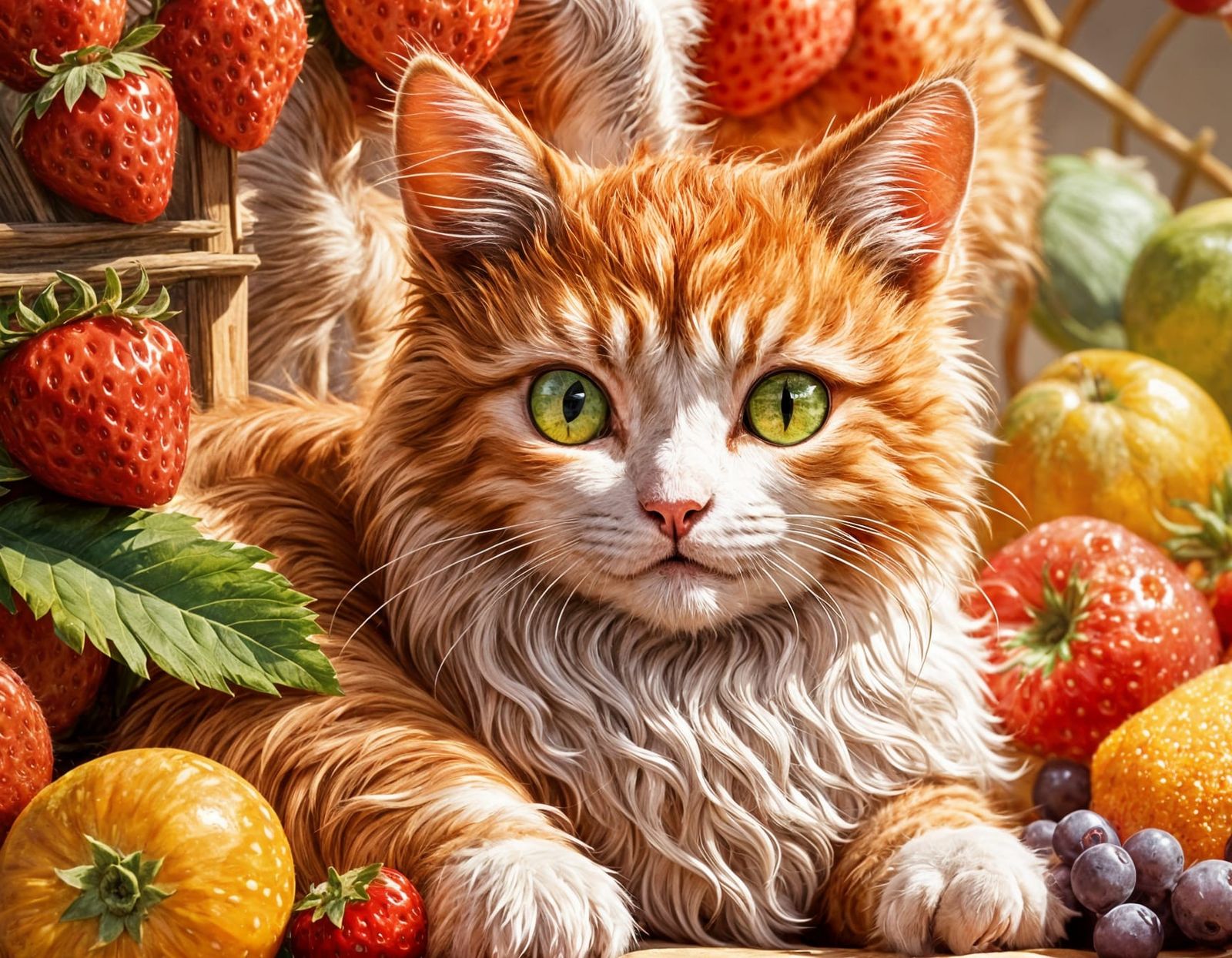 Fruit Cat Frolics in Vibrant Harvest Scene