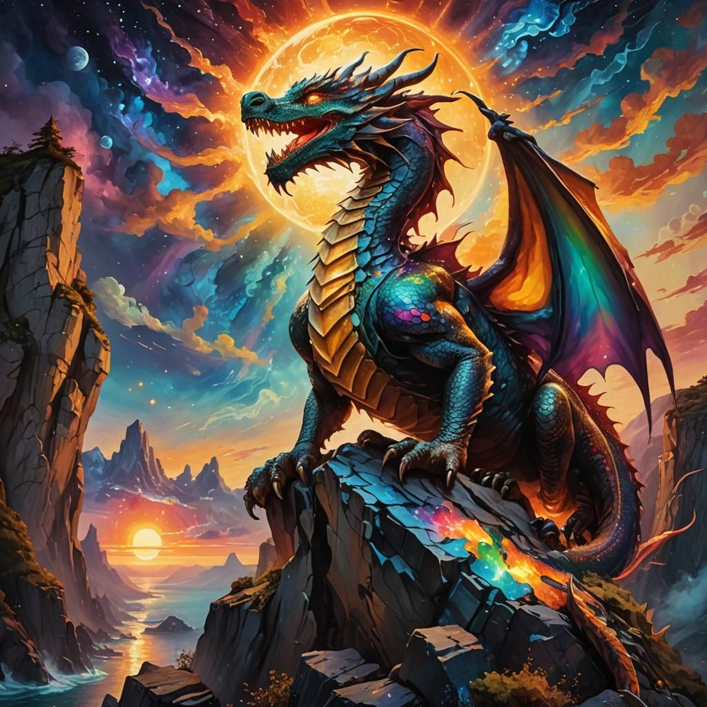 Cosmic Dragon Sunset: Surreal Oil Painting