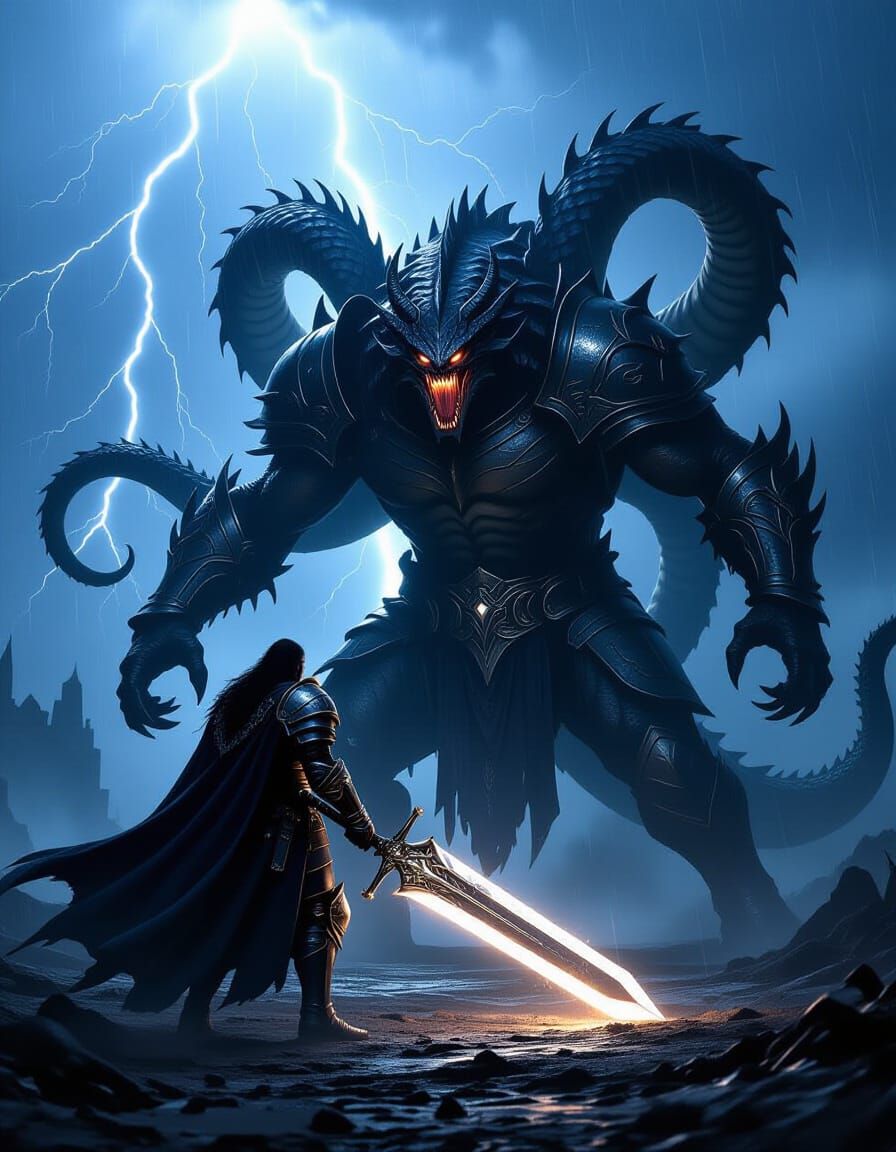 Paladin Battles Colossal Hydra in Dramatic Dark Fantasy Art