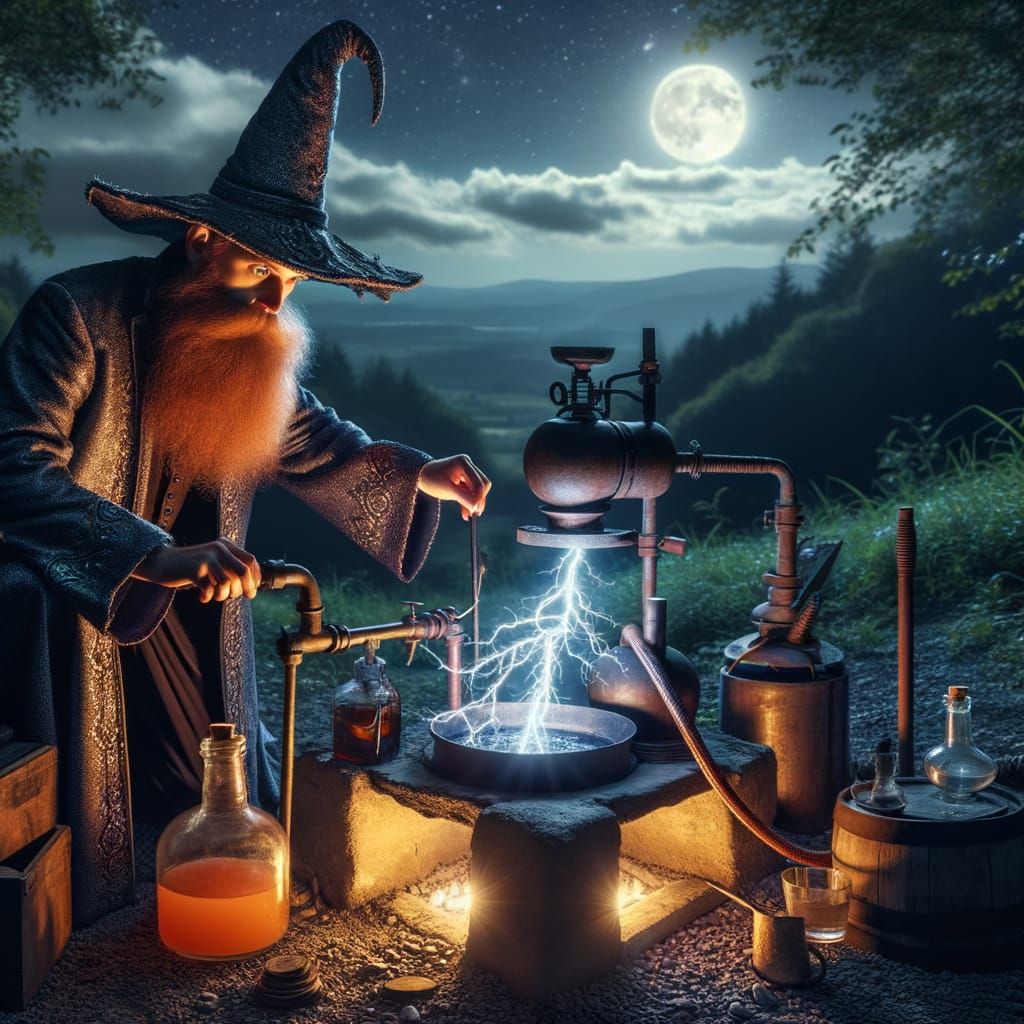 Wizard Brews Electric Moonshine Under the Night Sky
