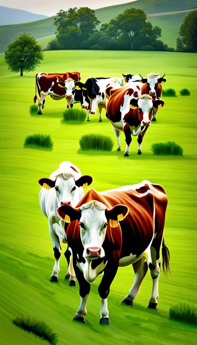 Cows Grazing in a Lush Green Field