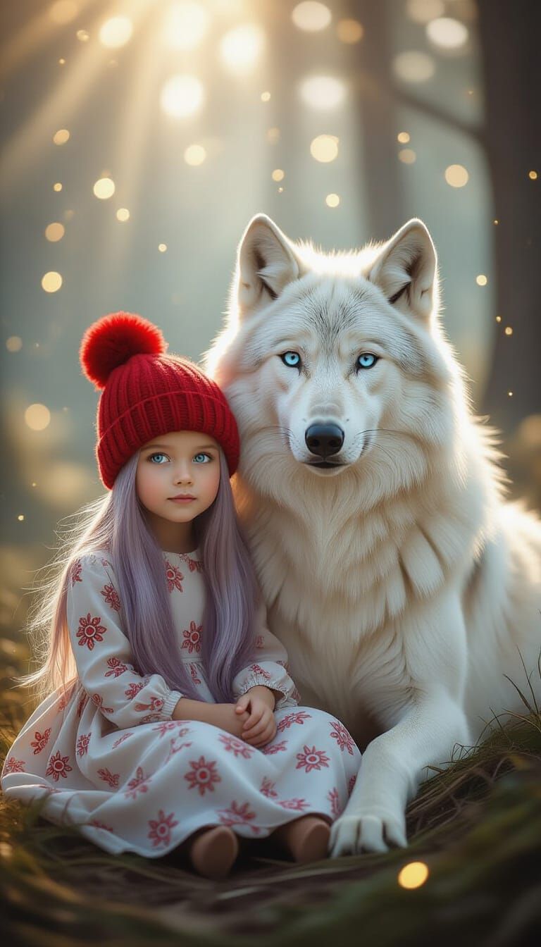 Enchanted Child and White Wolf in Magical Forest