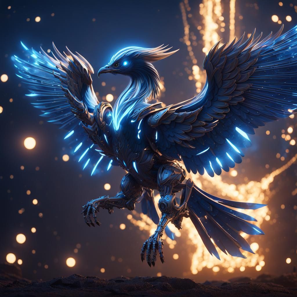 Blue Phoenix in Starry Sky: Sci-Fi Render