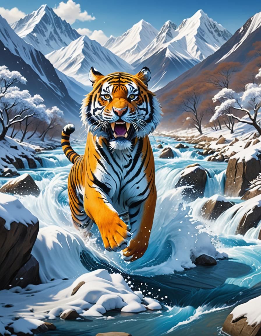 Tiger Roaring in a Snowy Mountain River