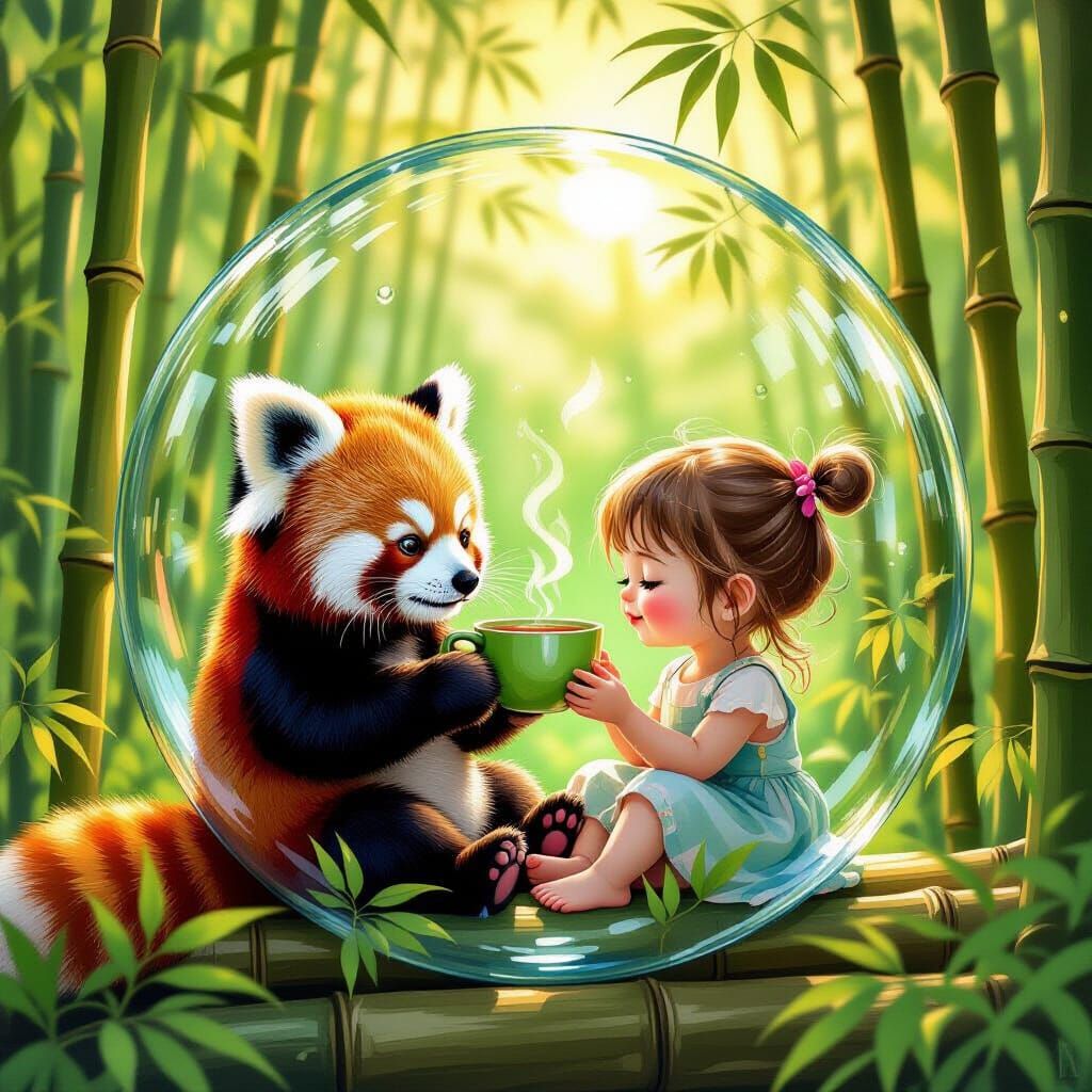 Red Panda Baby & Girl Share Tea in Bamboo Jungle