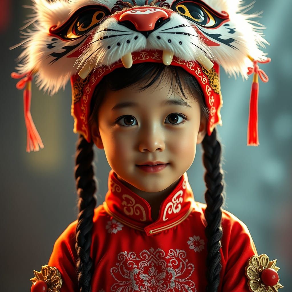 Little Chinese Indonesian Tiger Girl in Cinematic Film Still