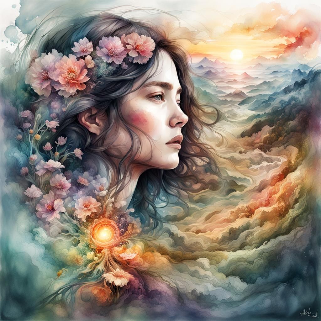 Watercolor Double Exposure Landscape Portrait