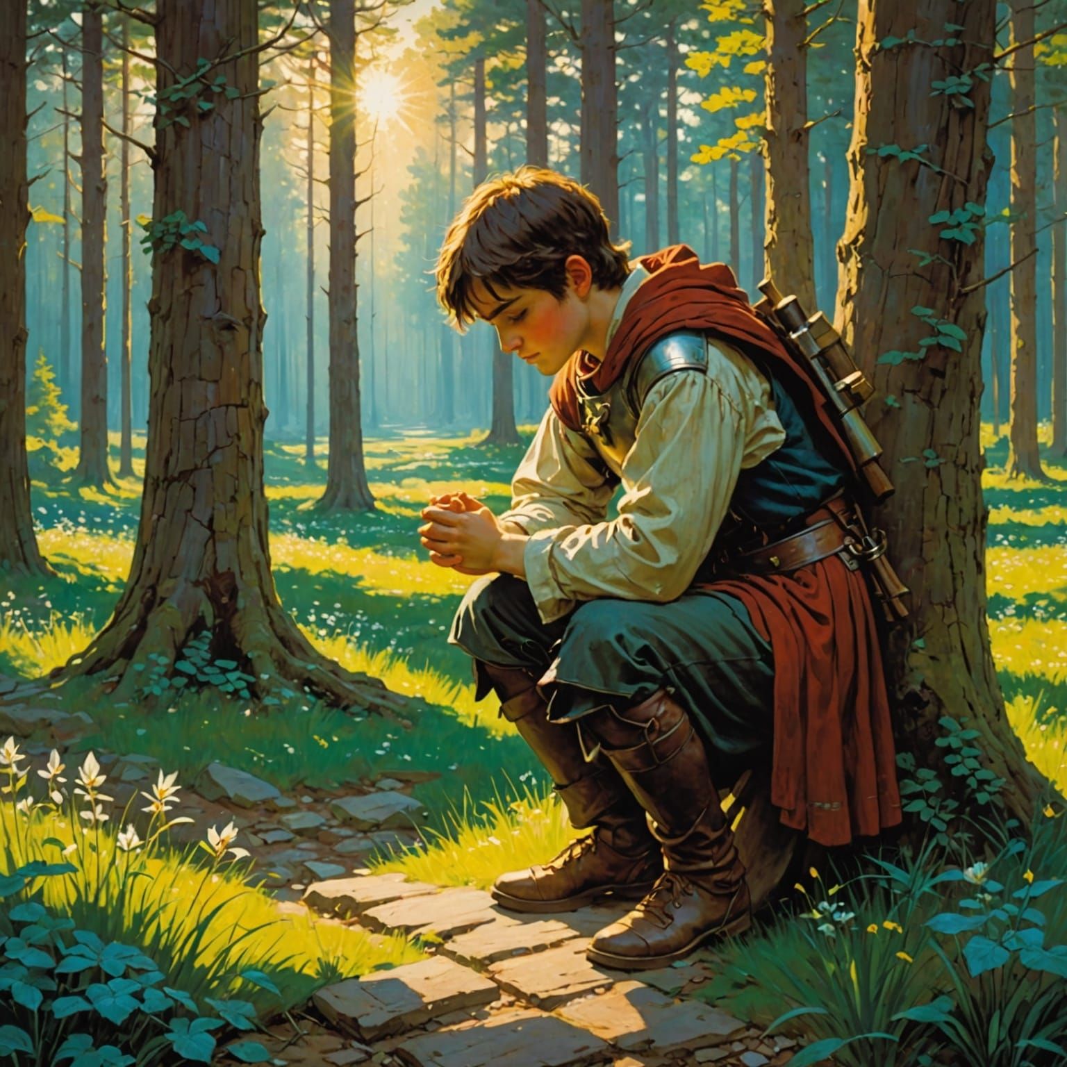 Boy Paladin Praying in Sunlit Forest, Anime Style