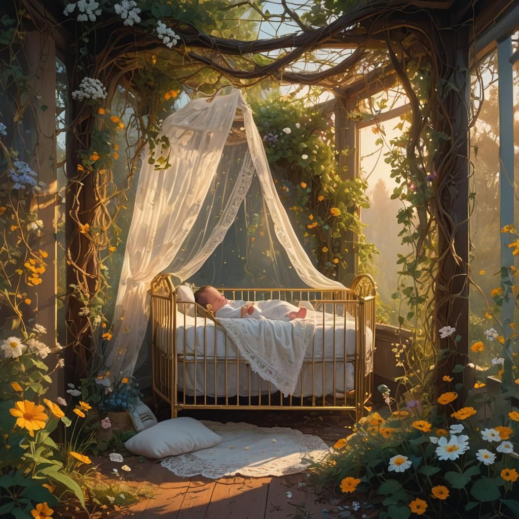 Baby Asleep in Crib with Flowers, in 3D Style