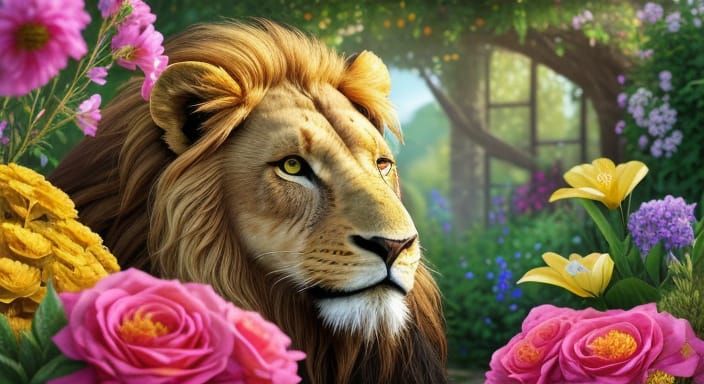 Lion, Ox, and Eagle in a Vibrant Garden