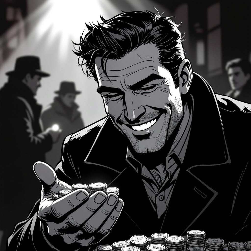 Comic Noir Style: Man Contentedly Counts Coins