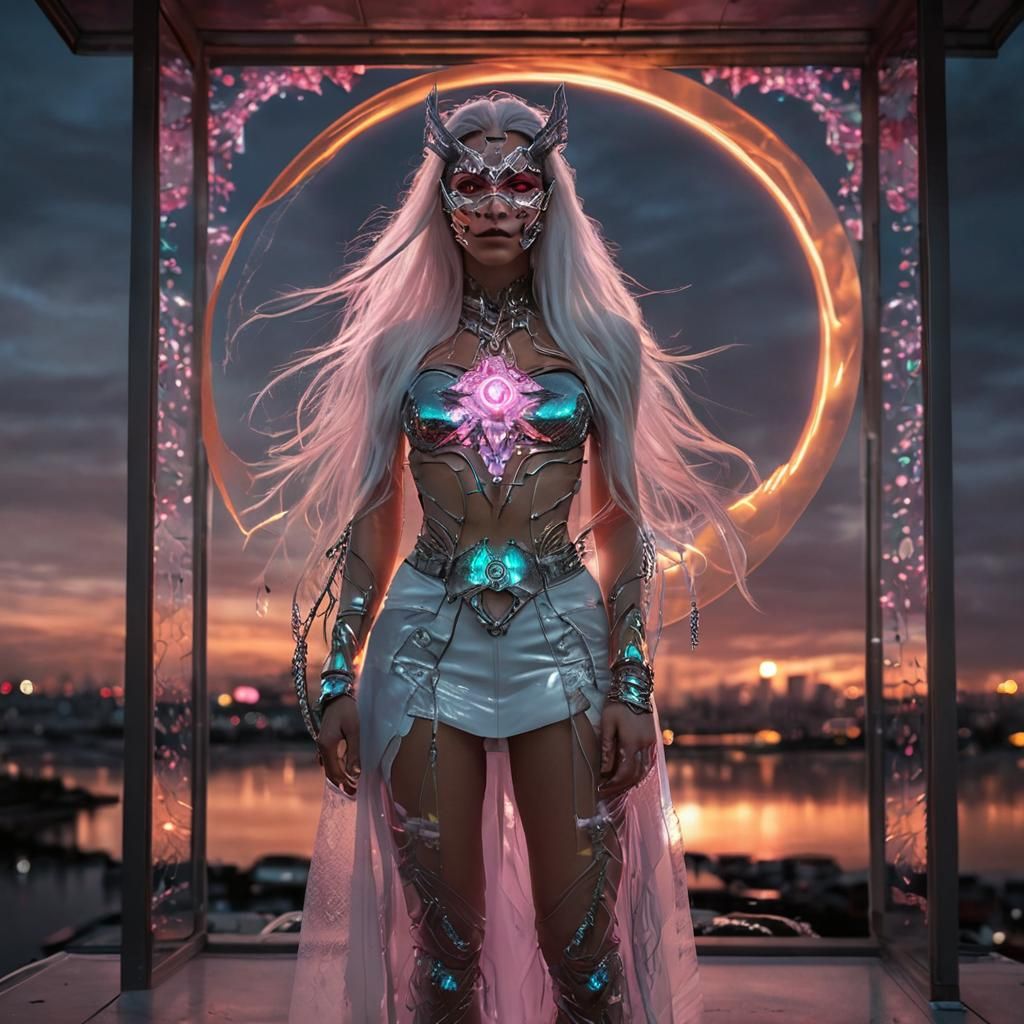 Changeling Woman with Transparent Skin in Cyberpunk City