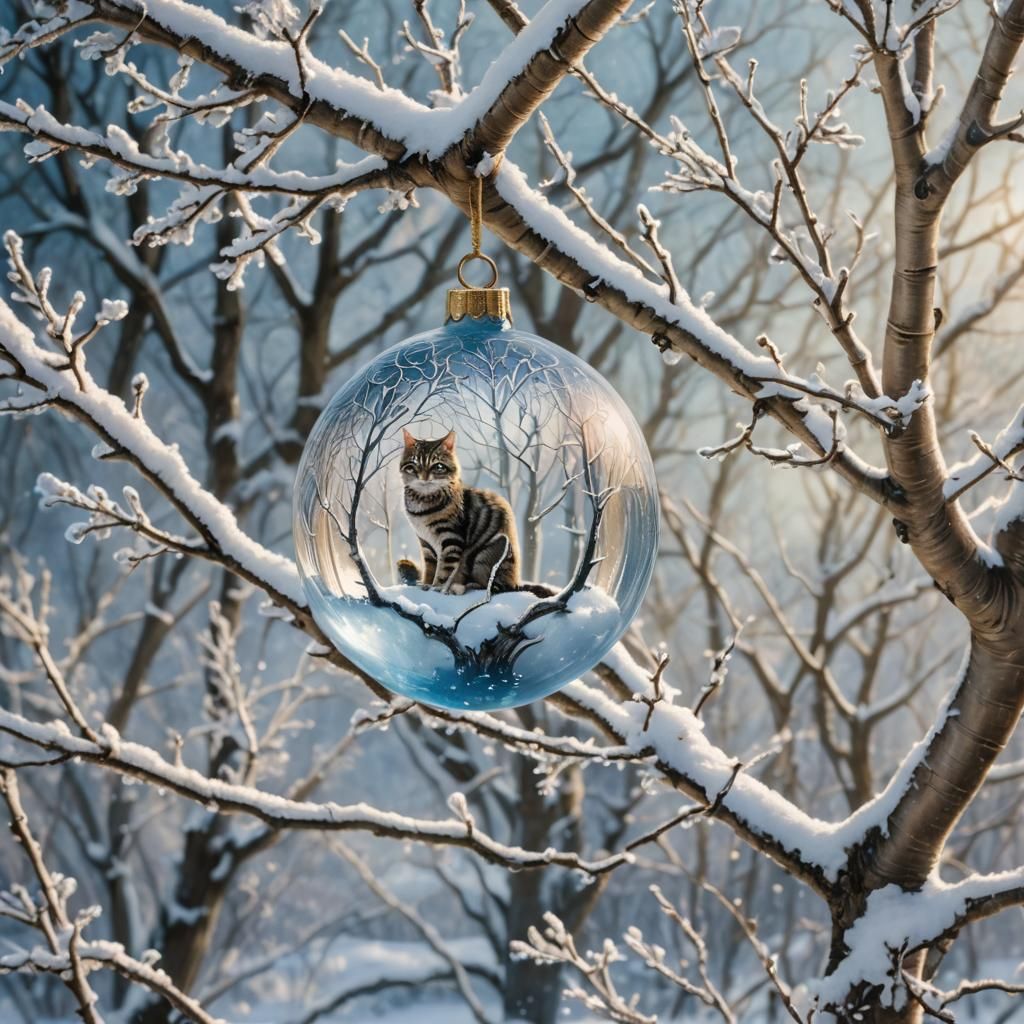 Striped Cat in Crystal Orb: Watercolor Fantasy Art