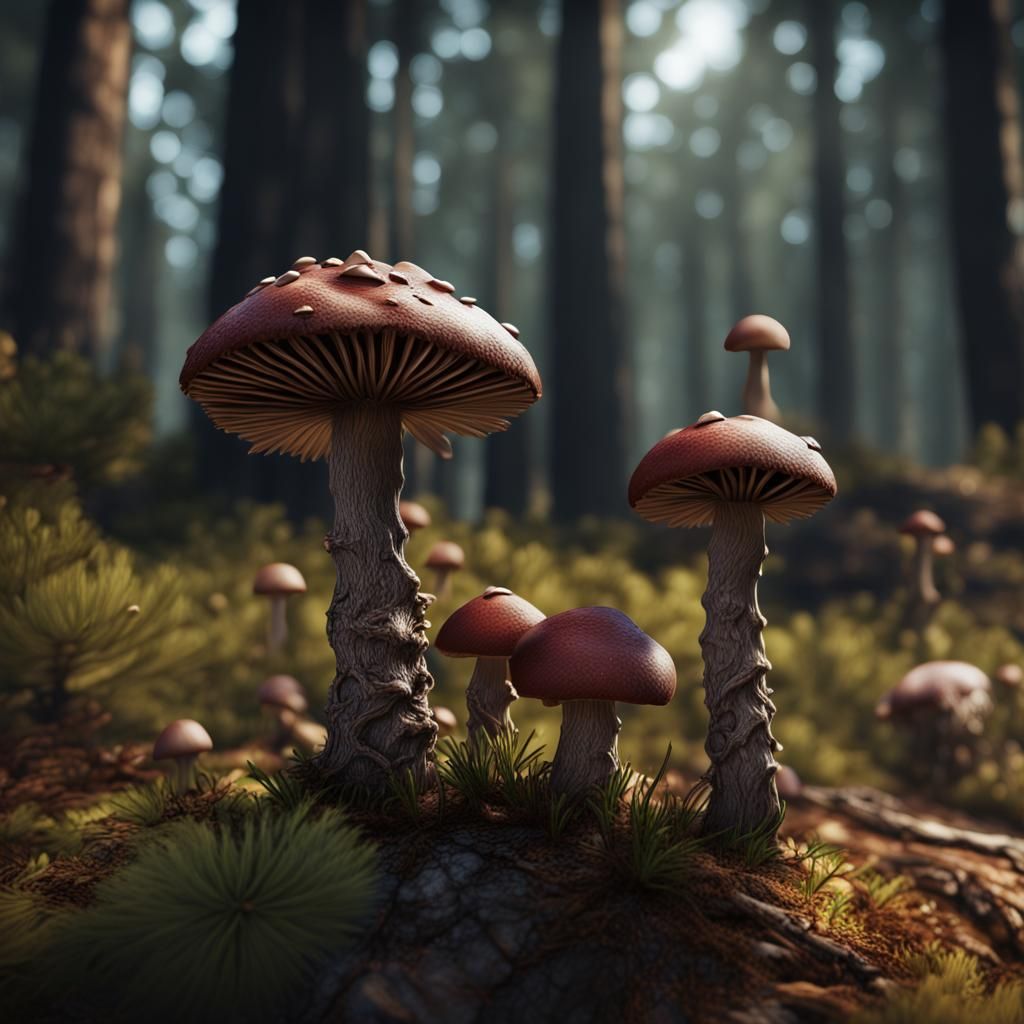 Enchanted Forest: Tiny Mushrooms in Detailed Matte Painting