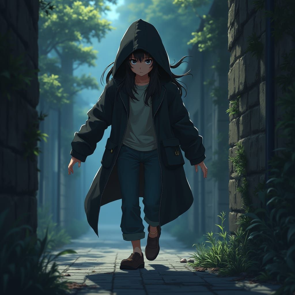 Anime Character Sneaking in Forested Urban Setting