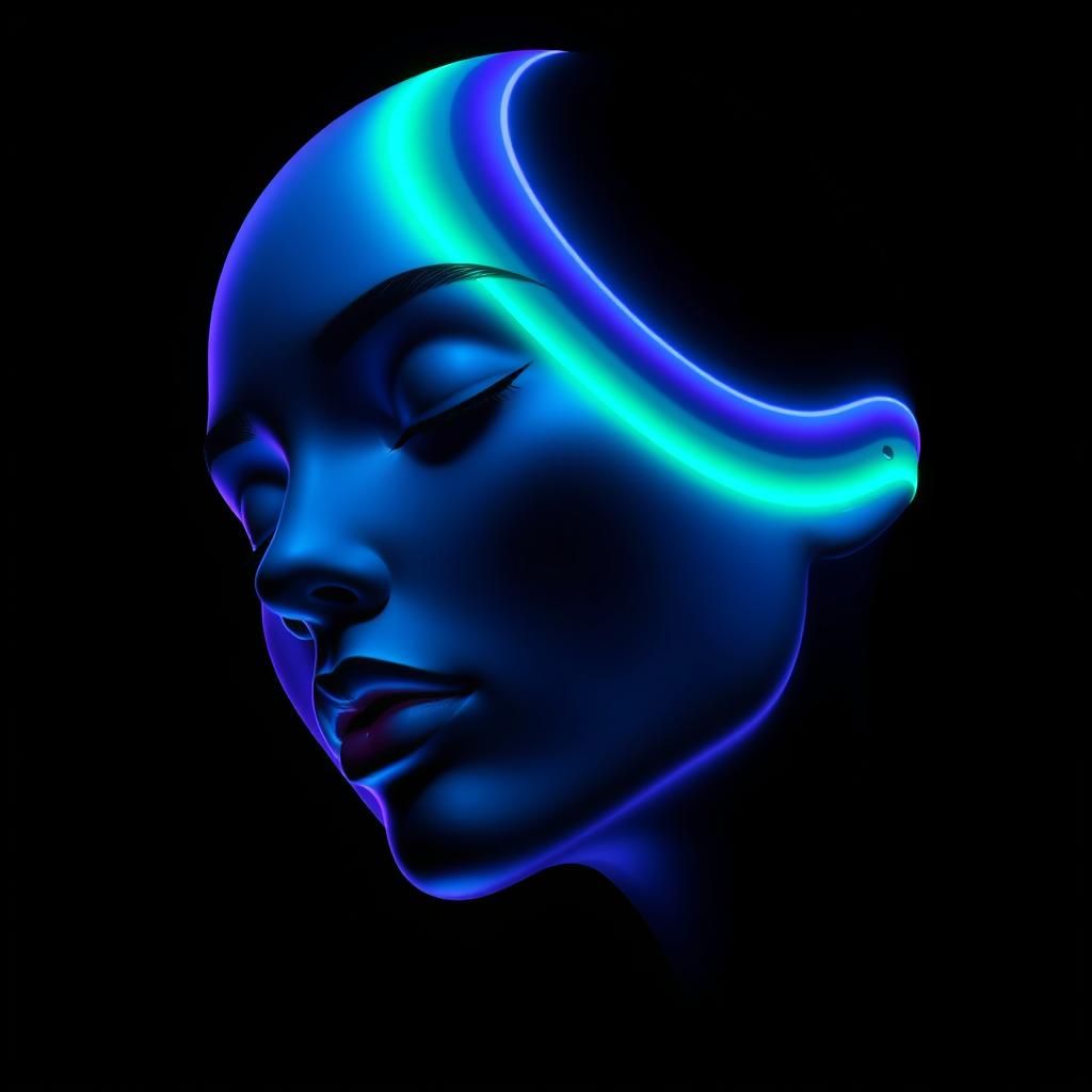 a three-dimensional face made of thick black cyan Green and ...