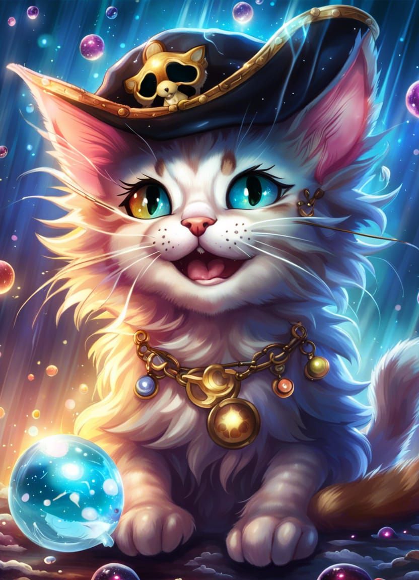 Joyful Pirate Kitten's Treasure Rain in Anime Style