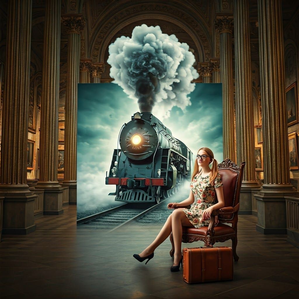 Elegant Woman Surrounded by Art and Steam Locomotive in a Dr...
