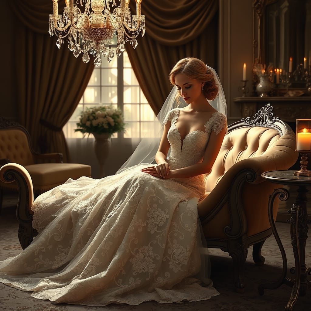 Bride in Lace Gown in Lavish Boudoir