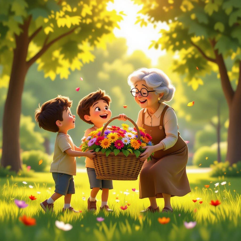 Children Help Elderly Woman With Flowers in Sunny Park