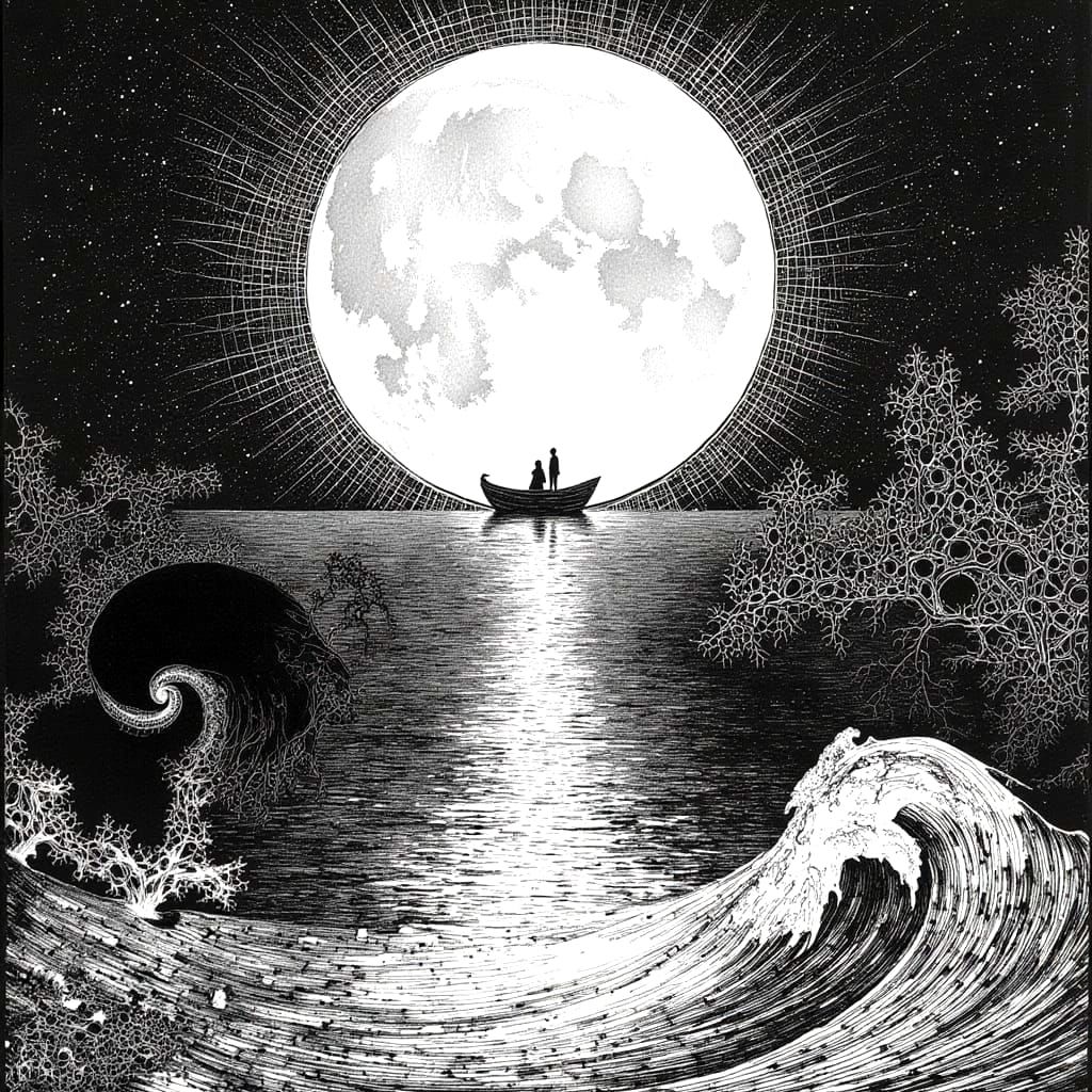 Abstract Surreal Landscape with Waves and Geometric Shapes