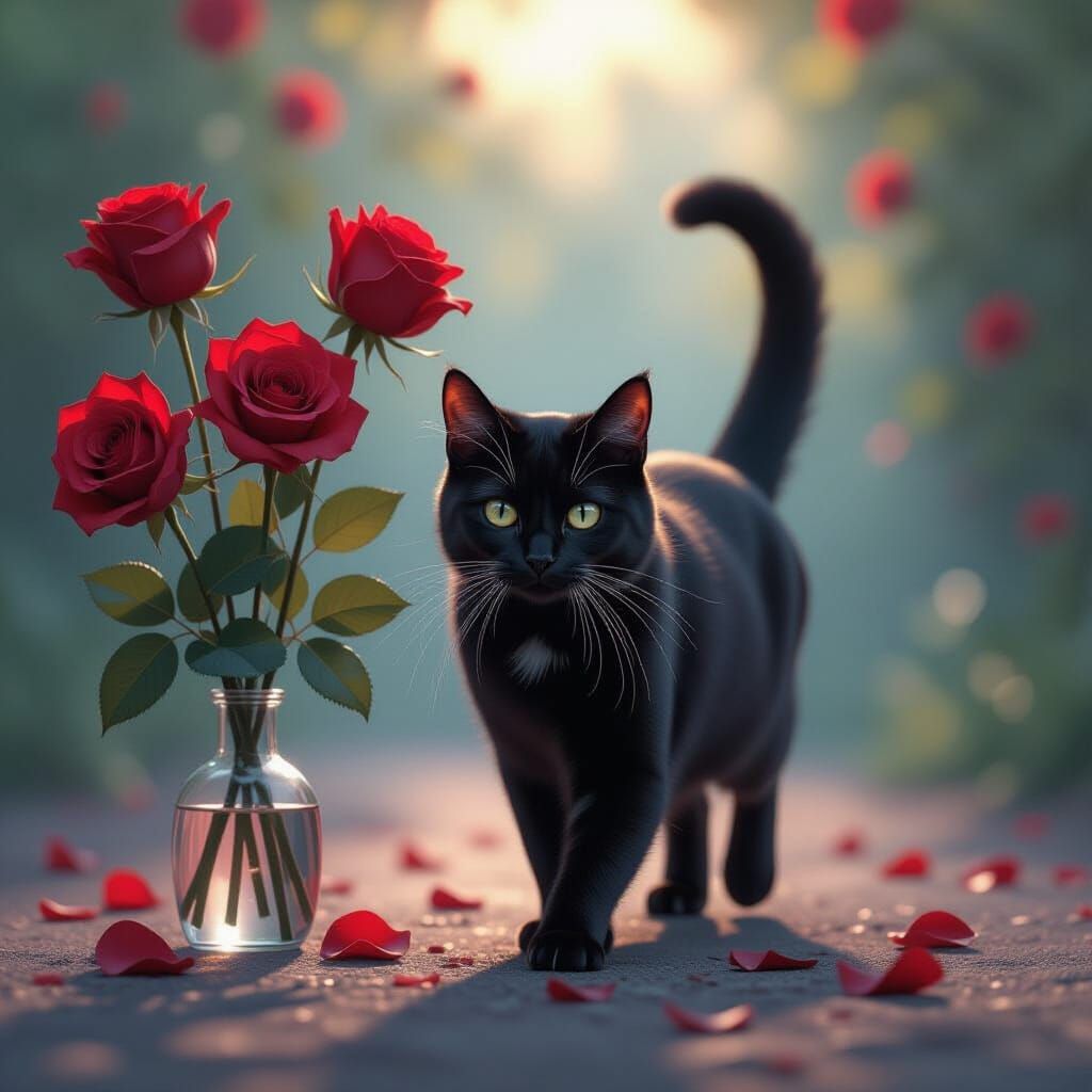 Black Cat and Red Roses in Hyperrealistic Splash Art
