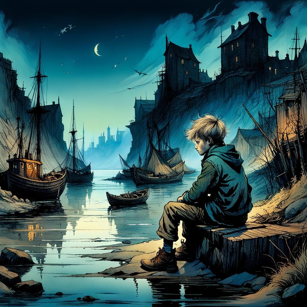 Whimsical Harbor Scene in Deep, Mysterious Colors