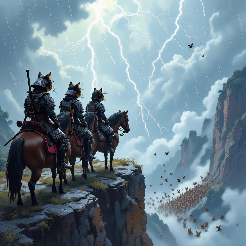 Samurai Cats on Horses Overlook Squirrel Army