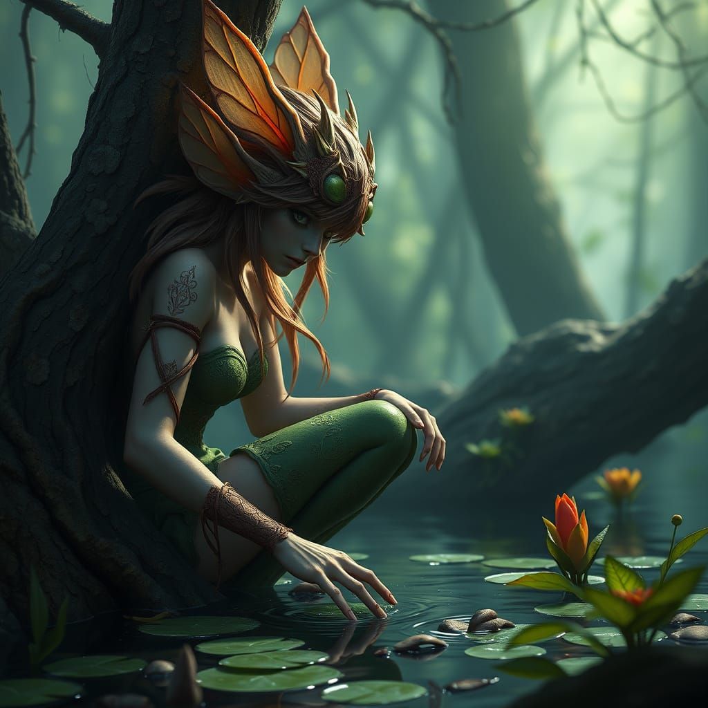 Ethereal Wood Nymph in Enchanted Pond Landscape