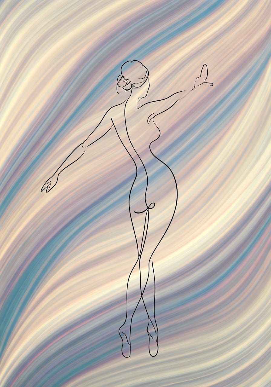 Elegant Line Drawing of Woman Dancing with Celestial Ribbons