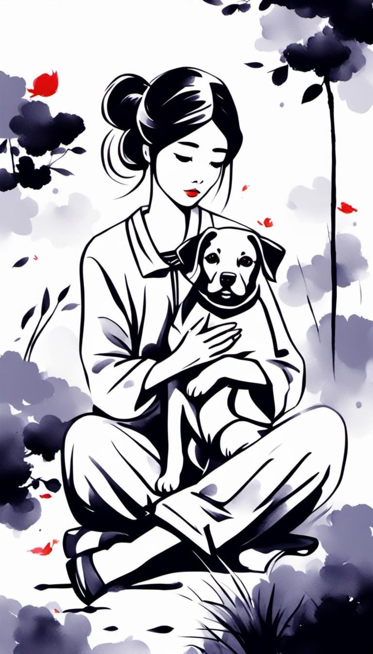 Girl with Puppy: Chinese Ink Minimalist Painting