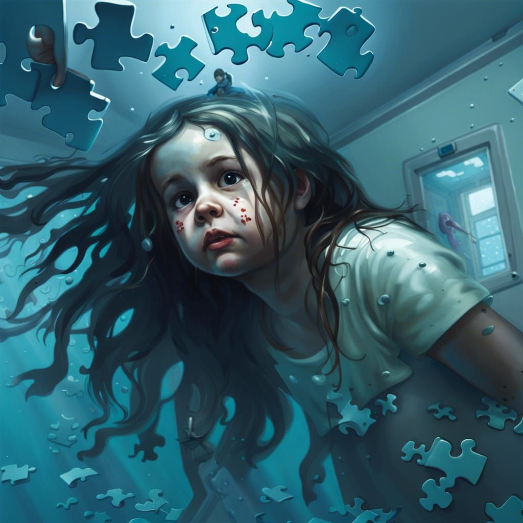 Sinister Underwater Hospital Room with Puzzle Pieces