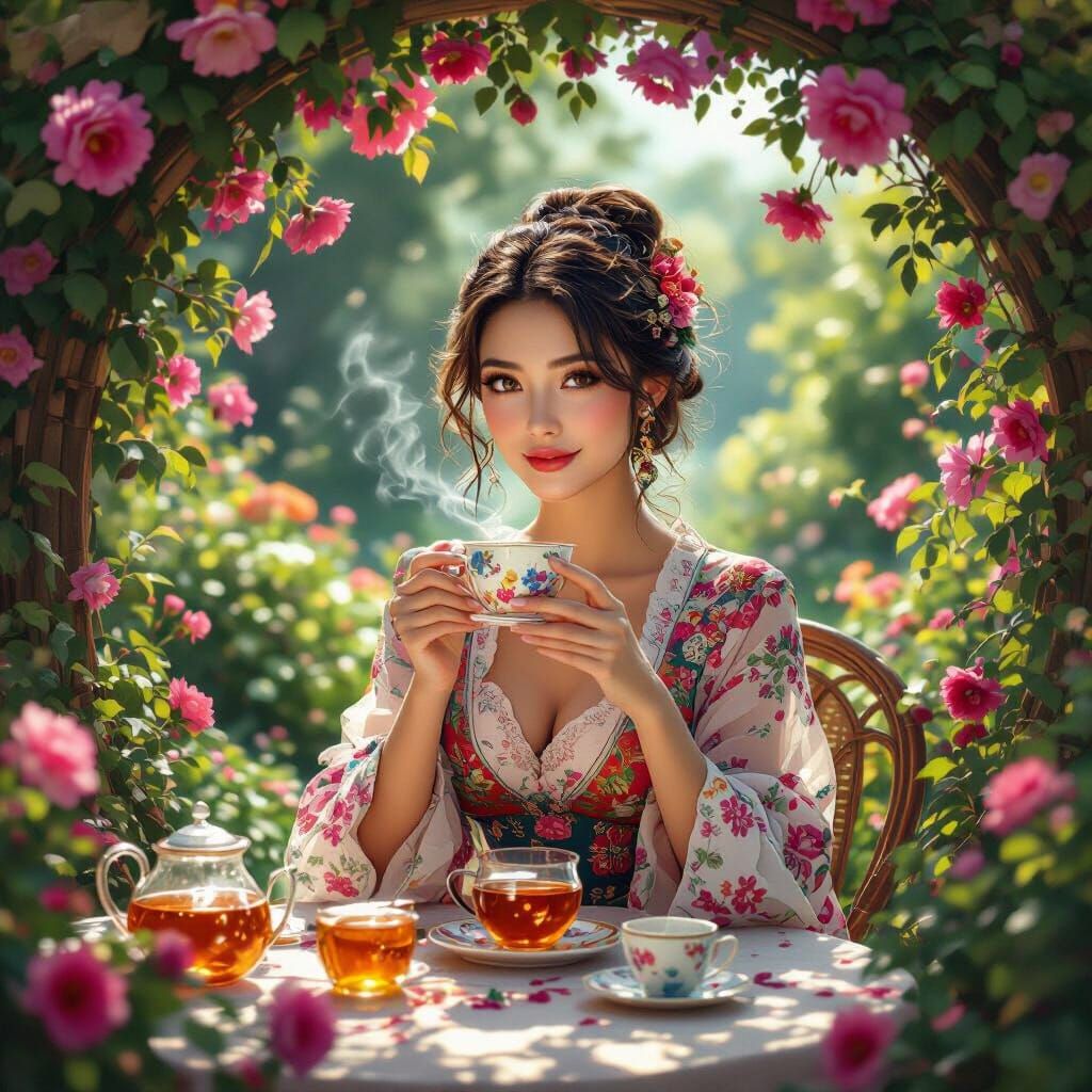 Fairy Tea Party in Enchanted Garden, Digital Art