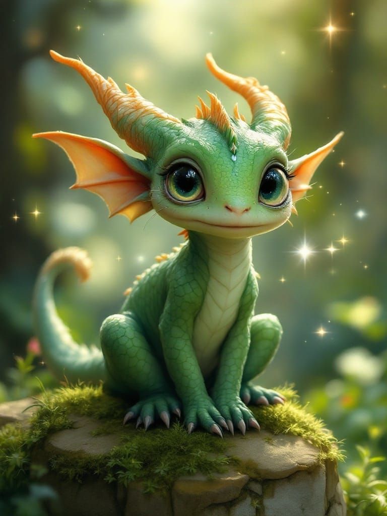 Whimsical Fantasy Portrait of a Tiny Emerald-Scaled Dragon
