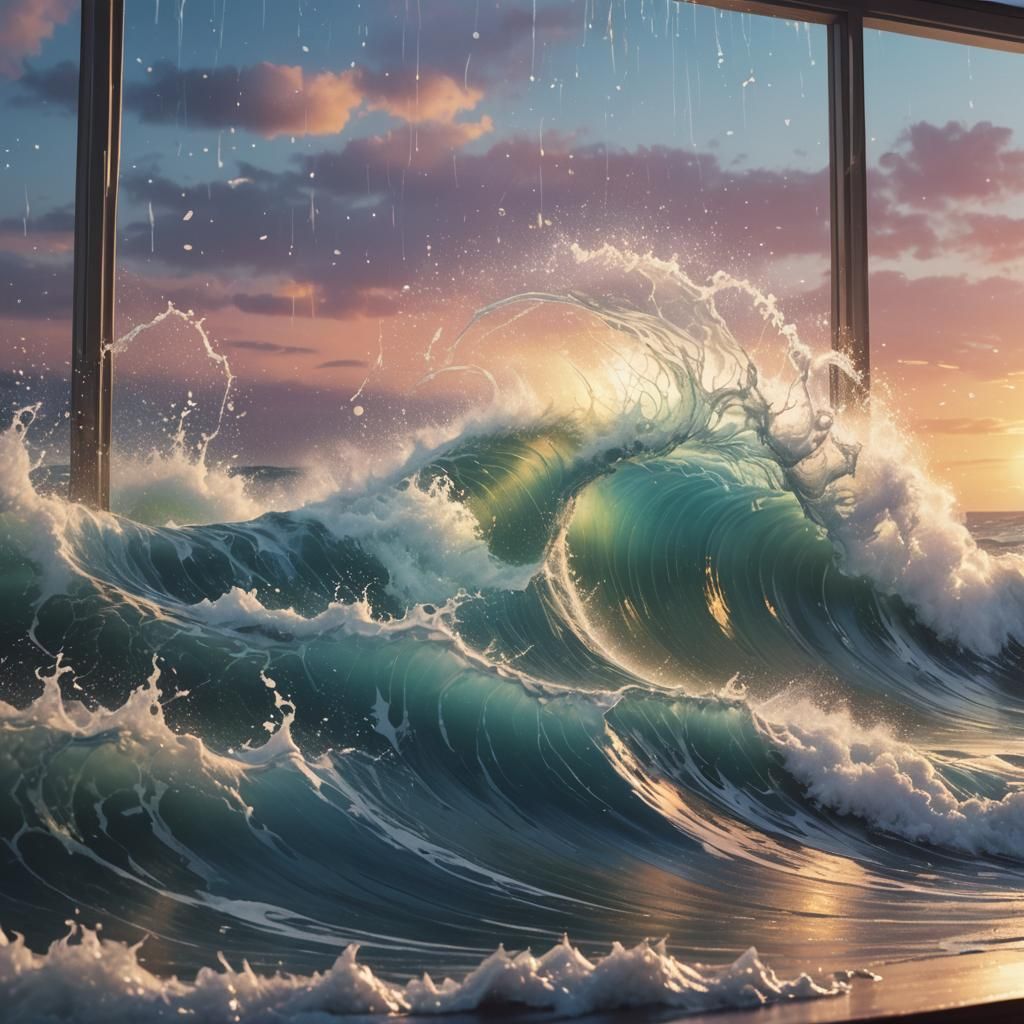 Hyperrealistic Sea Wave in Window View